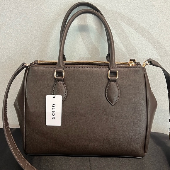 Guess | Chocolate Brown Faux Pebble Leather Satchel w/Iconic Logo Bag Charm - Picture 6 of 17